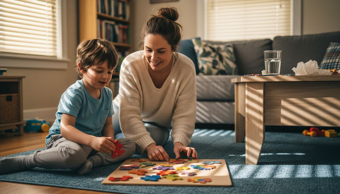 Genitore e figlio giocano tranquillamente insieme a casa