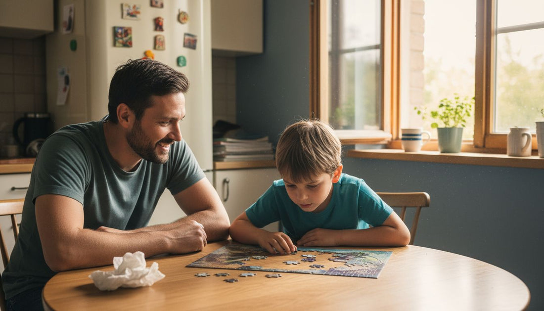 Padre aiuta il figlio con ADHD al tavolo della cucina