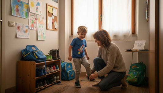 Una mamma aiuta il suo bambino, che ha l’ADHD, a infilarsi le scarpe come parte della loro routine quotidiana.