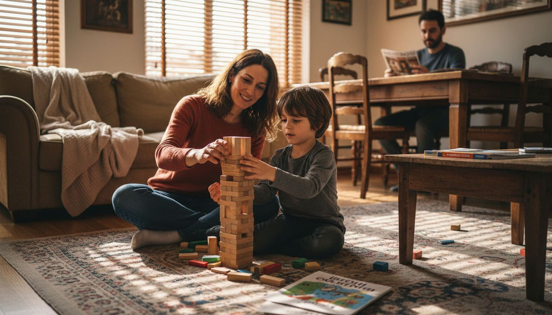 Una mamma e suo figlio trascorrono del tempo insieme a casa, costruendo con calma una torre di mattoncini.