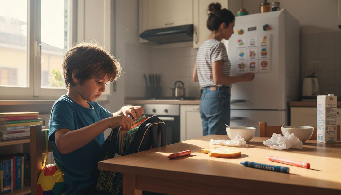 Genitore e figlio che organizzano insieme la routine del mattino in casa