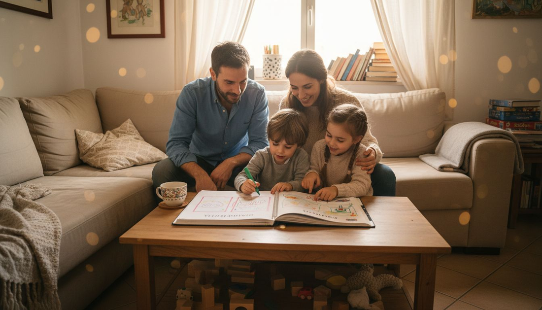 Una famiglia che lavora insieme per sostenere un figlio con ADHD, partecipando attivamente ad attività pensate per aiutarlo nella gestione quotidiana.