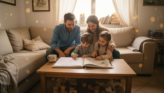 Una famiglia che lavora insieme per sostenere un figlio con ADHD, partecipando attivamente ad attività pensate per aiutarlo nella gestione quotidiana.