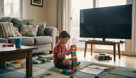 Un bambino gioca distrattamente con le costruzioni nel salotto di casa.