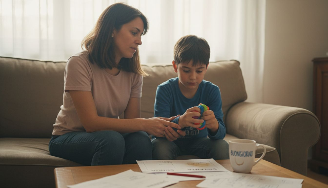 Una mamma che incoraggia il proprio figlio mentre trascorrono un momento insieme nel salotto di casa.