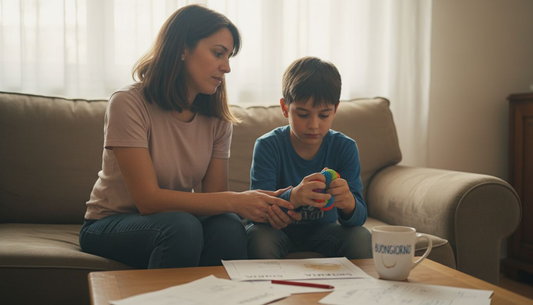 Una mamma che incoraggia il proprio figlio mentre trascorrono un momento insieme nel salotto di casa.