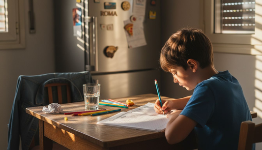 Un ragazzo con ADHD si concentra sui compiti seduto al tavolo della cucina.