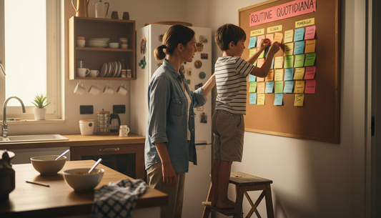 Mother and son organizing daily routine together