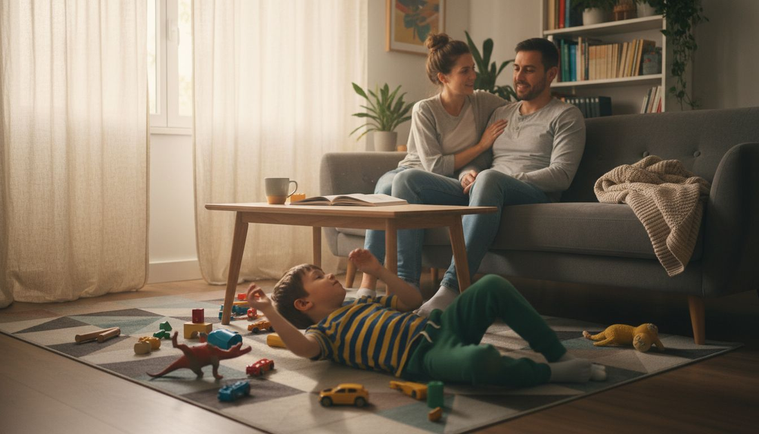 Una famiglia si gode un momento insieme in salotto, mentre il loro bambino pieno di energia si diverte tra giochi e risate.