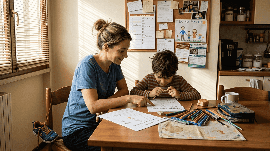 Un genitore che aiuta il proprio figlio con l’ADHD a fare i compiti