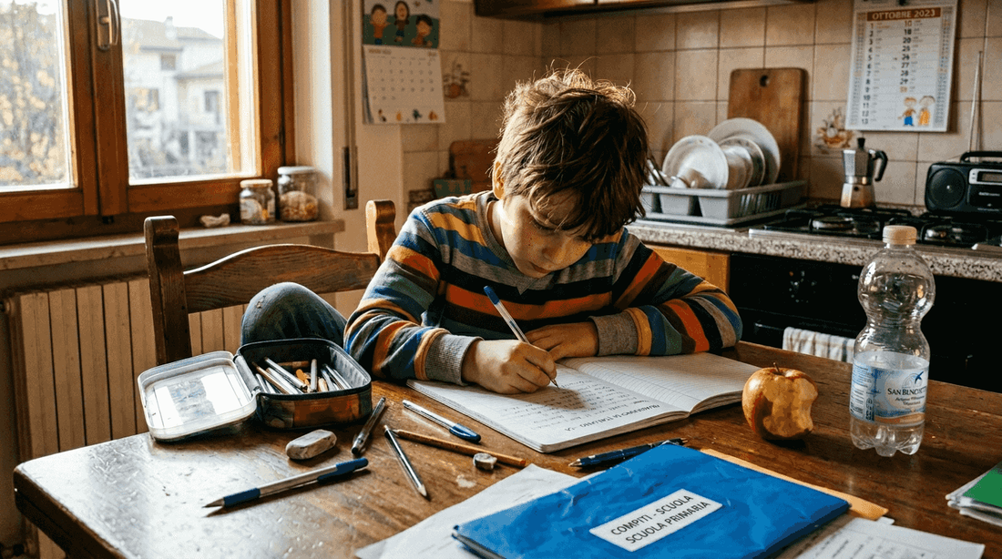 Un ragazzo con ADHD alle prese con i compiti seduto al tavolo di casa