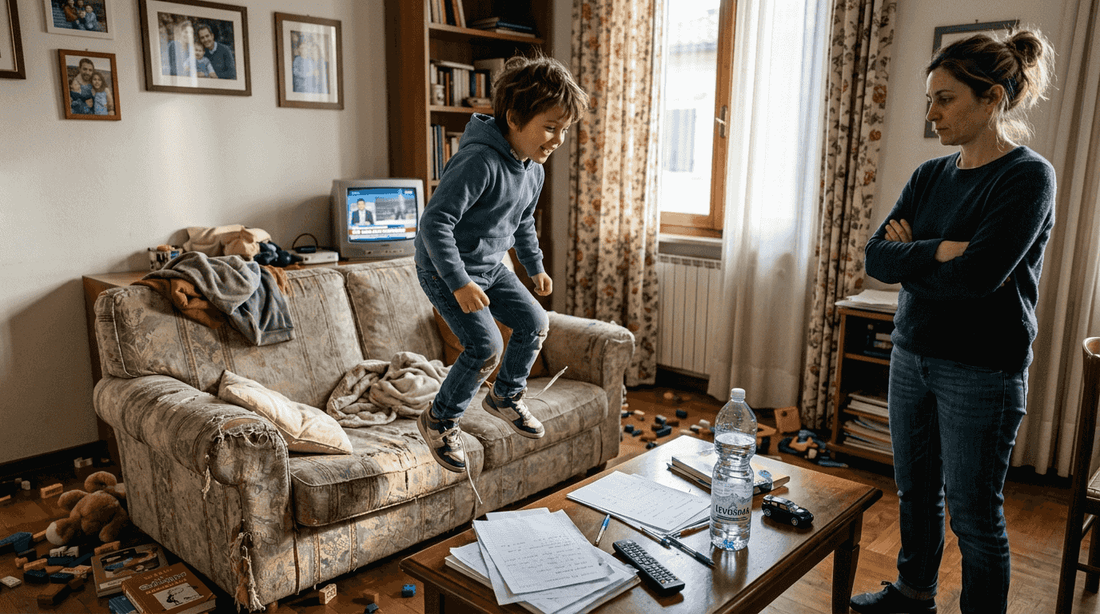 Ragazzo irrequieto che si agita sul divano, tipica scena di ADHD