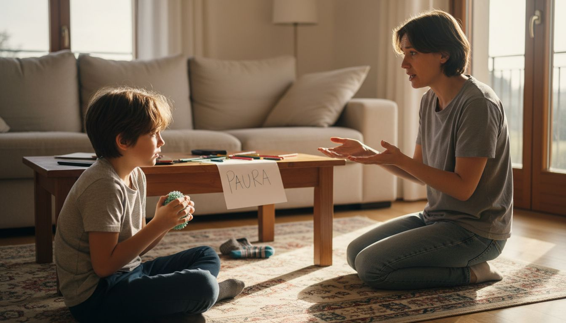 Un genitore che sostiene il proprio figlio nei momenti difficili legati all’ADHD, offrendo comprensione, pazienza e aiuto concreto per superare la crisi.