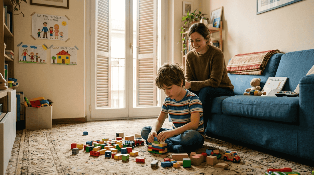 Un bambino con ADHD si diverte a giocare nel salotto di casa, circondato dall’affetto della sua famiglia.