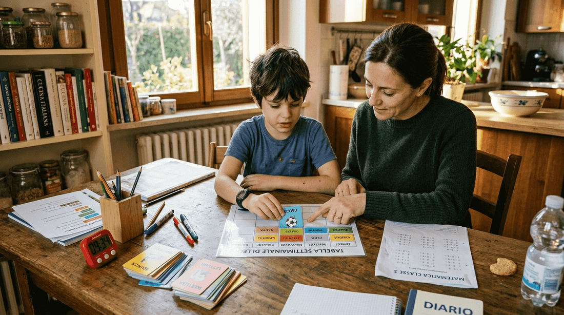 Mamma e figlio preparano insieme una tabella con le attività quotidiane