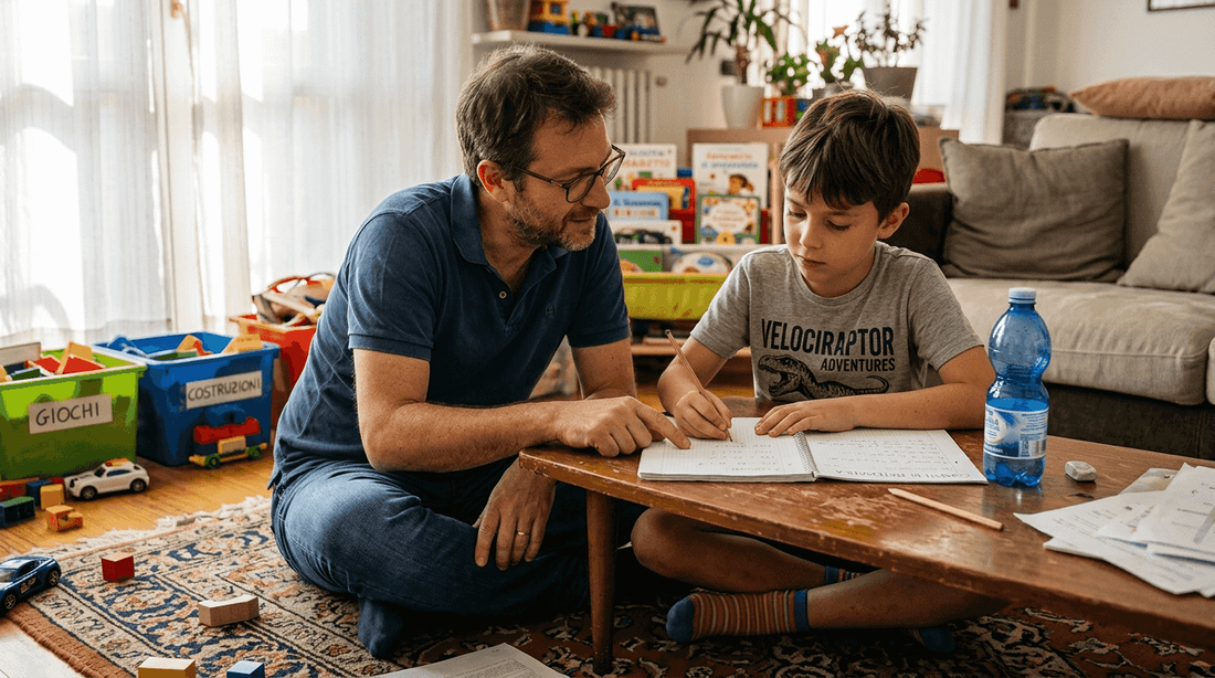 Papà che aiuta il figlio con i compiti, supportandolo nella gestione delle difficoltà legate all’ADHD.