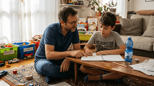 Papà che aiuta il figlio con i compiti, supportandolo nella gestione delle difficoltà legate all’ADHD.