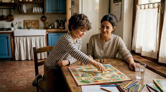 Una mamma trascorre del tempo con il suo bambino con ADHD, giocando insieme tra i fornelli e il tavolo della cucina.