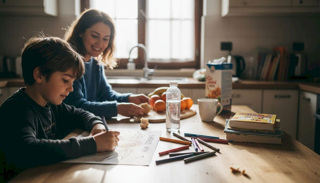 Un bambino con ADHD seduto al tavolo della cucina si concentra mentre disegna, immerso nei suoi colori e nella sua fantasia.