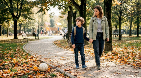 Una mamma passeggia nel parco insieme al suo bambino con ADHD, godendosi un momento di tranquillità all’aria aperta.