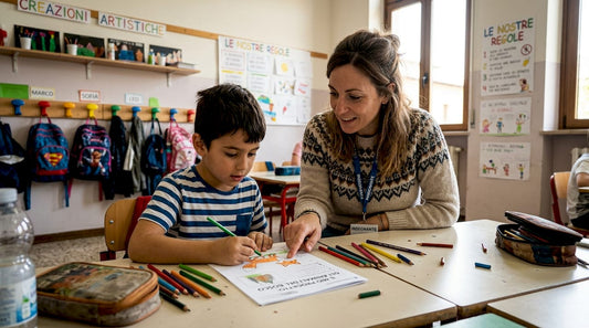 Insegnante che affianca un alunno con ADHD in classe, aiutandolo a concentrarsi e a sentirsi parte del gruppo.