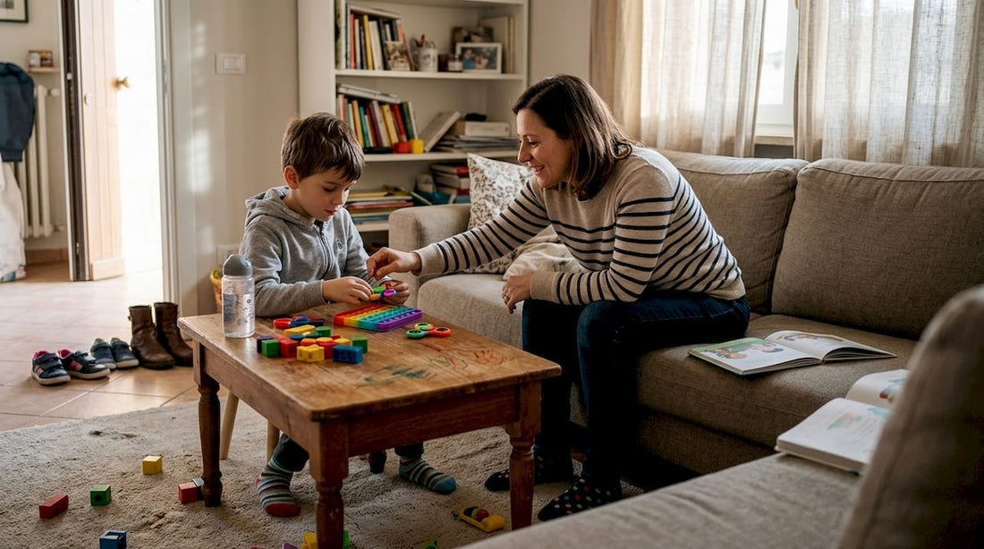 Una mamma sostiene il proprio figlio con ADHD nella vita quotidiana a casa, aiutandolo ad affrontare le piccole sfide di ogni giorno.
