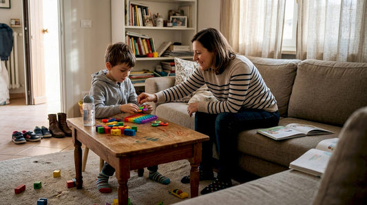 Una mamma sostiene il proprio figlio con ADHD nella vita quotidiana a casa, aiutandolo ad affrontare le piccole sfide di ogni giorno.