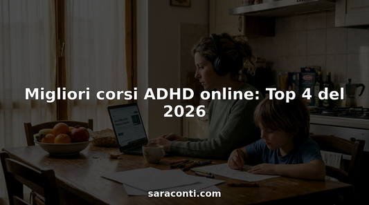 Un genitore approfondisce un corso sull’ADHD mentre il figlio accanto si dedica a colorare tranquillamente.