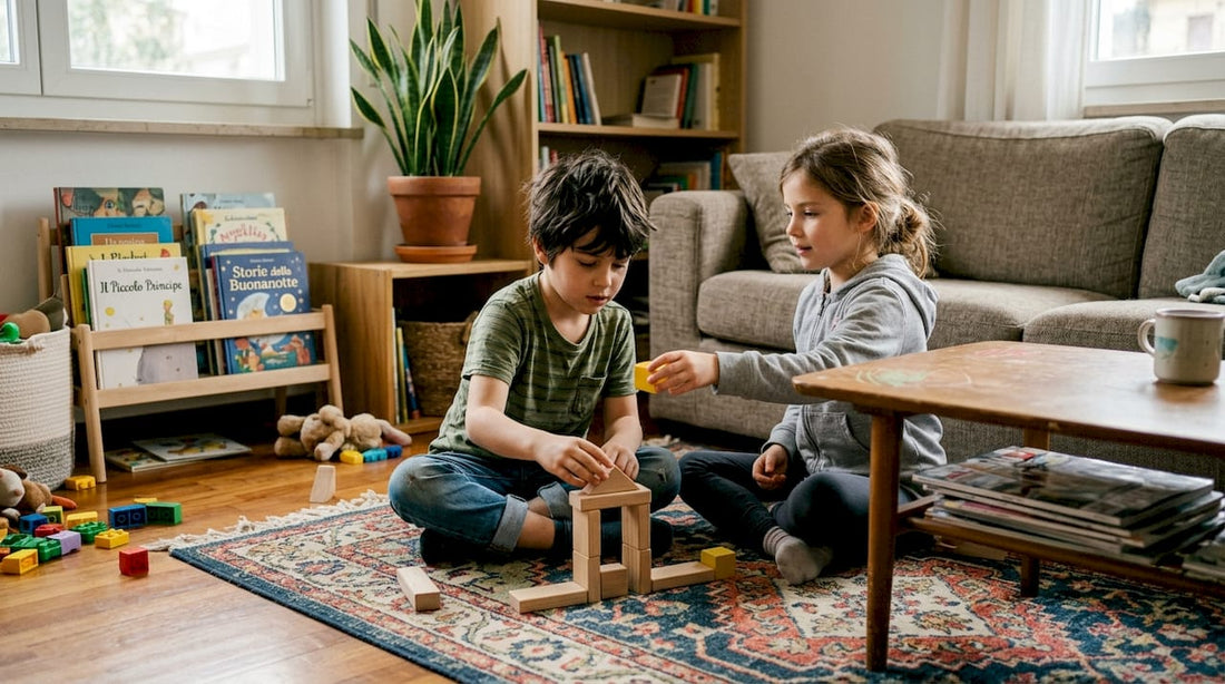 Un gruppo di bambini con ADHD si diverte a giocare insieme nel soggiorno di casa.