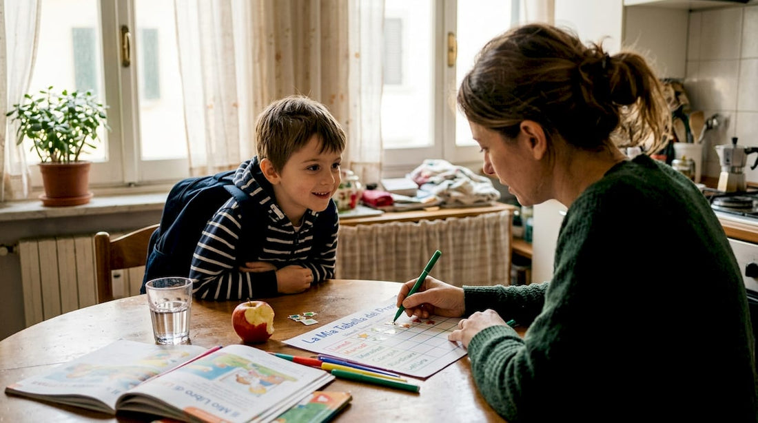 Mamma e bambino che aggiornano insieme la tabella dei premi in casa