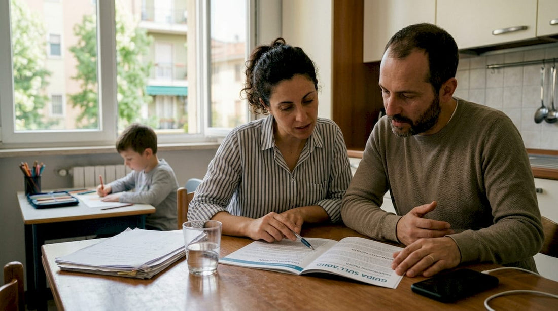 Due genitori seduti al tavolo della cucina stanno sfogliando insieme una guida sull’ADHD, cercando consigli e informazioni utili per affrontare al meglio la situazione.