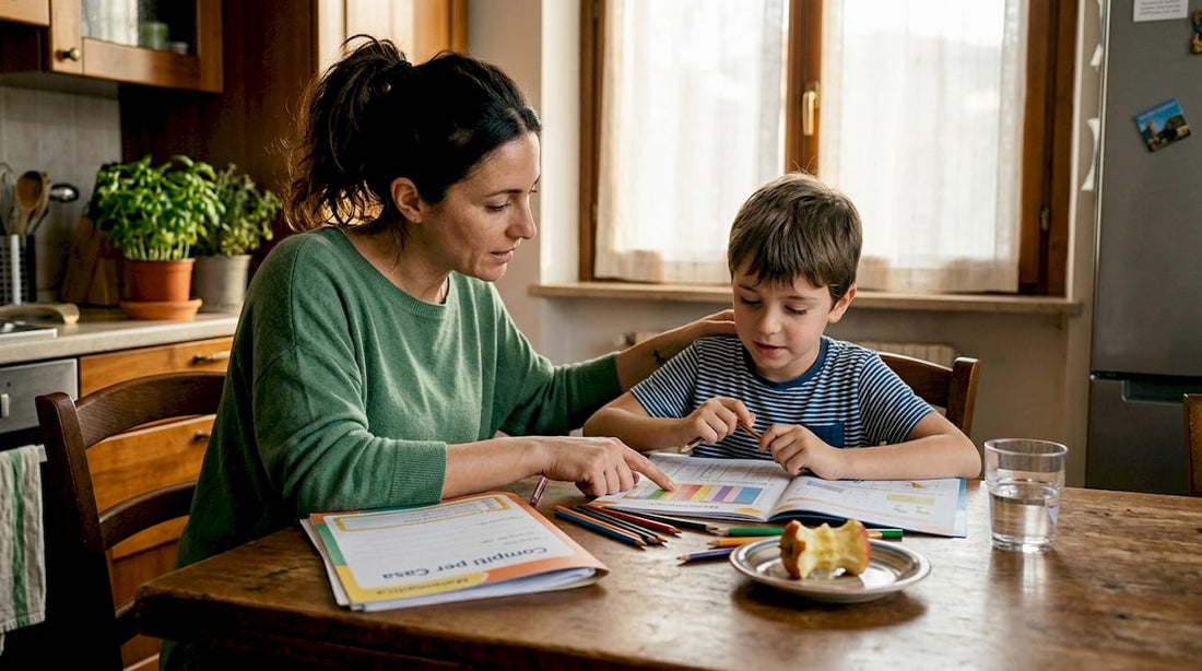 Una mamma affianca il proprio figlio con ADHD mentre fanno insieme i compiti al tavolo della cucina, cercando di sostenerlo e incoraggiarlo con pazienza.