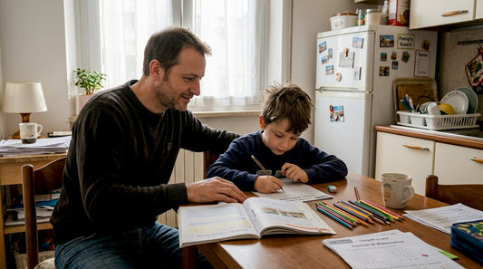 Un papà che affianca il figlio con ADHD mentre fa i compiti, cercando di sostenerlo e aiutarlo a concentrarsi.