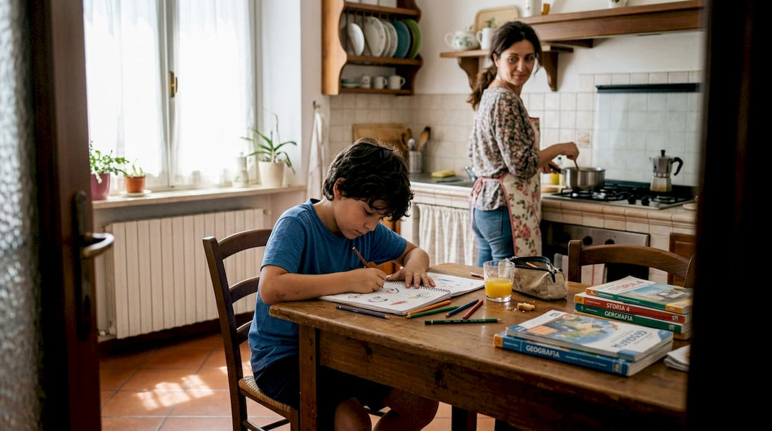 Un bambino disegna seduto al tavolo della cucina, mentre la mamma gli sta vicino e lo osserva con attenzione.
