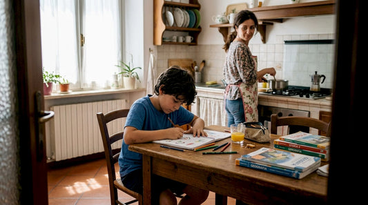 Un bambino disegna seduto al tavolo della cucina, mentre la mamma gli sta vicino e lo osserva con attenzione.