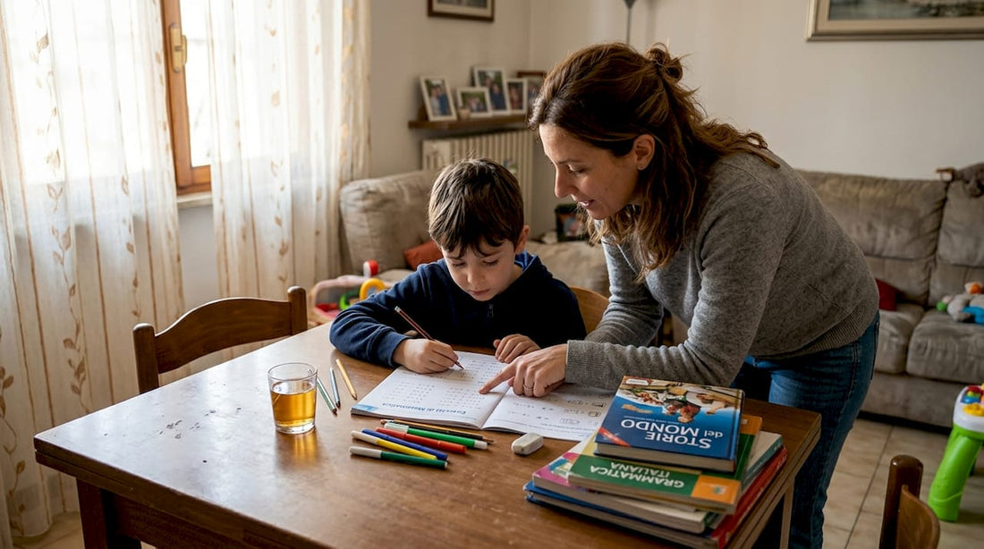 Un bambino che fa i compiti insieme al genitore