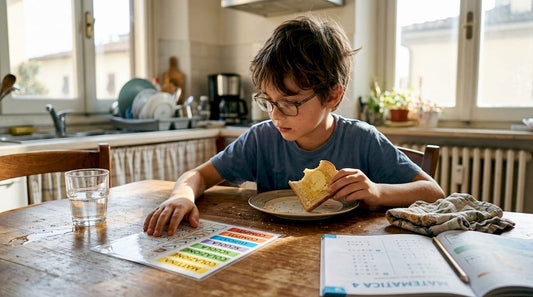 Un ragazzino con ADHD segue la sua routine mattutina seduto al tavolo della cucina.