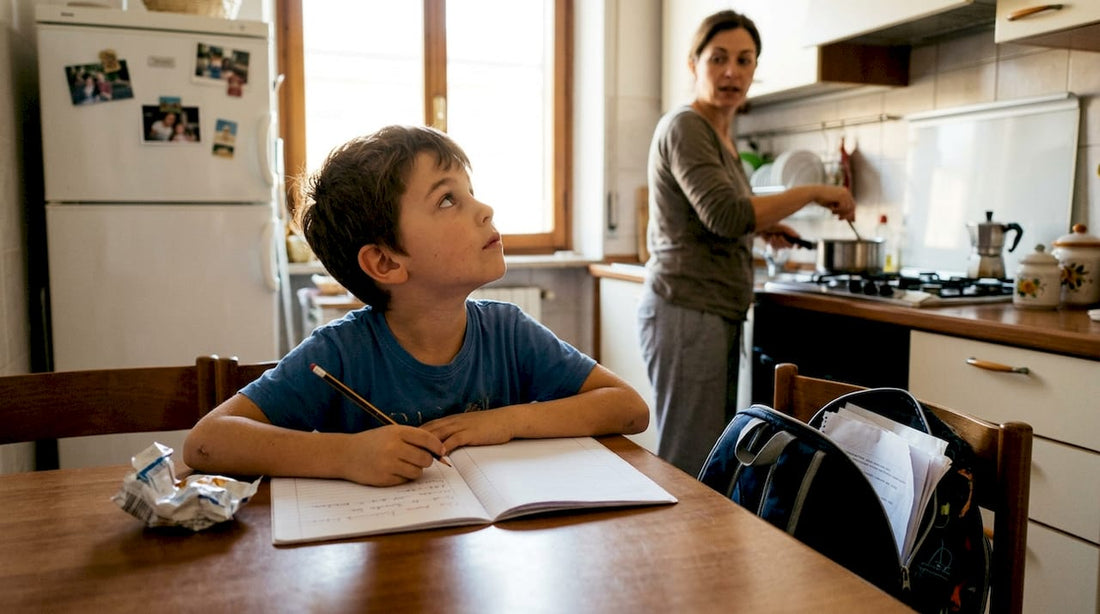 Bambino distratto mentre cerca di fare i compiti in cucina