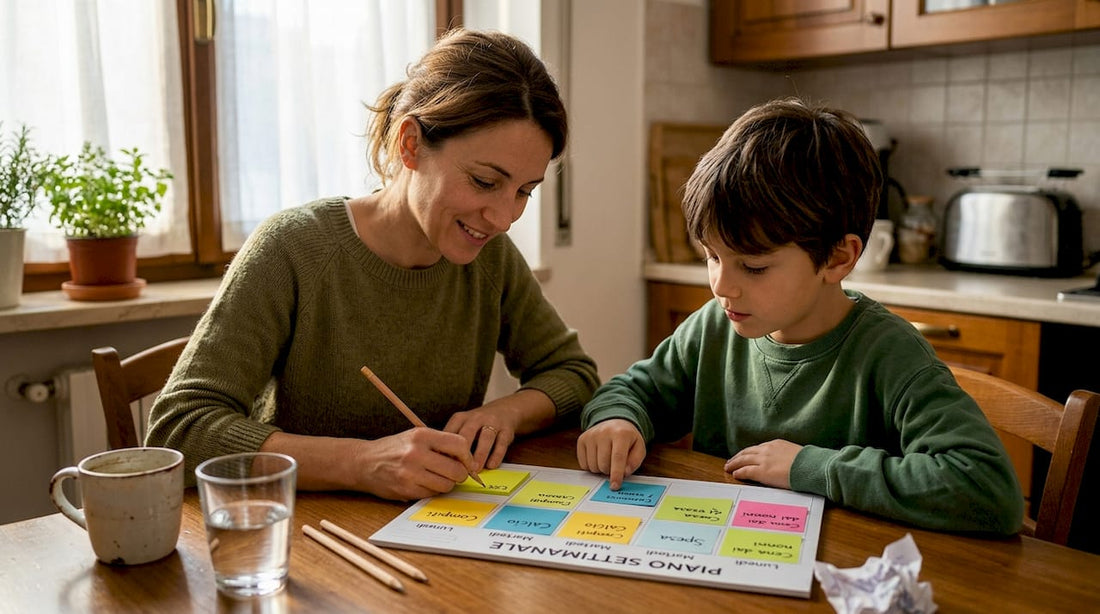 Una mamma che aiuta il proprio bambino a organizzare la giornata, pianificando insieme le attività e creando una routine quotidiana che dia sicurezza e serenità.