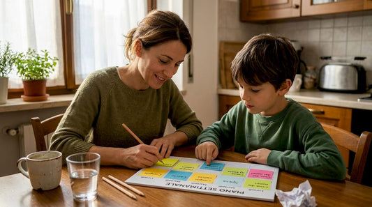 Una mamma che aiuta il proprio bambino a organizzare la giornata, pianificando insieme le attività e creando una routine quotidiana che dia sicurezza e serenità.