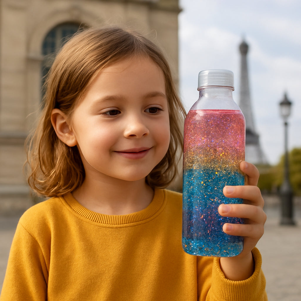 A child holding a colorful sensory bottle filled with sparkling water and glitter, with a clear plastic cap. Alt: bottiglie sensoriali fai da te con acqua colorata e glitter.