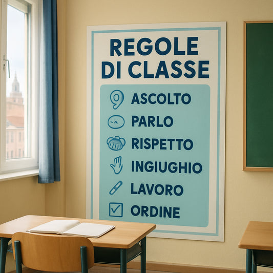 A bright classroom wall with a large rule poster featuring simple icons and calming colors. Alt: Cartellone regole classe in una aula scolastica.