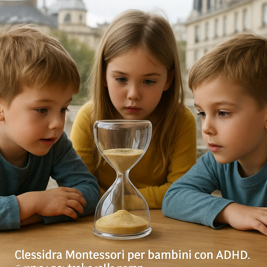 Un tavolo di legno con una clessidra Montessori trasparente al centro, sabbia dorata che scorre lentamente, bambini che osservano curiosi. Alt: clessidra Montessori per bambini con ADHD, supporto visivo al tempo