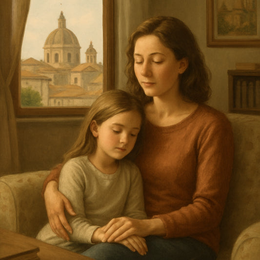A serene family scene in an Italian living room, a mother and child sitting together with a calm expression, illustrating a peaceful interaction. Alt: famiglia che si calma e interagisce con serenità.
