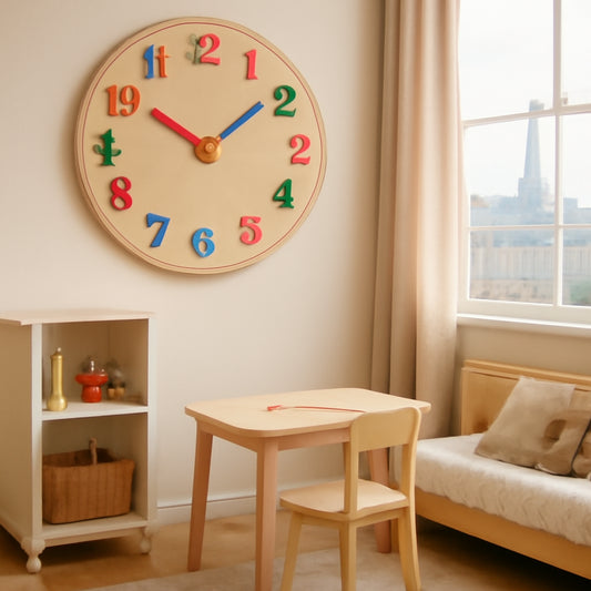 Una stanza di bambini con un grande orologio didattico Montessori su un muro, numeri colorati e numeri grandi. Alt: Orologio didattico Montessori per bambini con ADHD