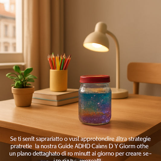 A calm, child-friendly study area with a small, colorful jar filled with glitter and water on a wooden table, surrounded by soft lighting and a small plant. Alt: Calm study corner with a glitter jar for sensory play