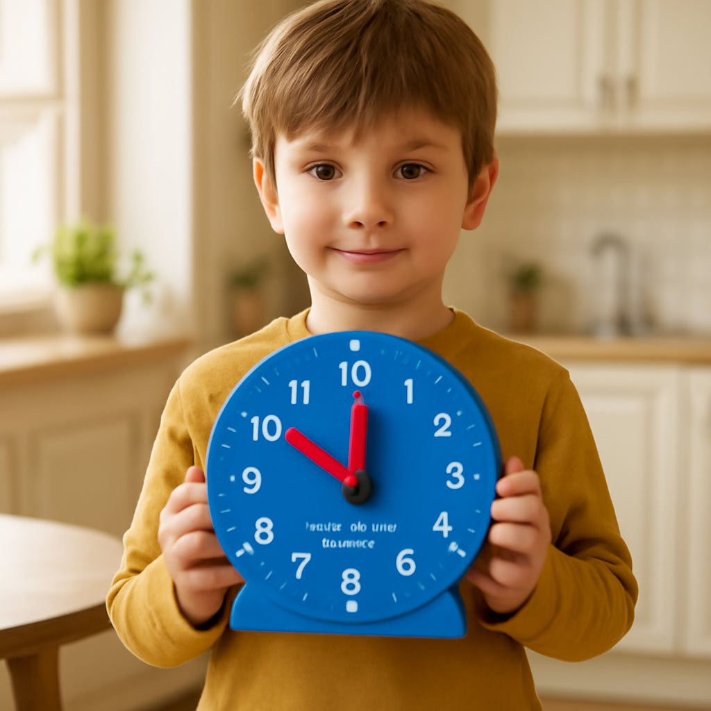 A child holding a bright blue Montessori clock, with a calm, sunlit kitchen background. Alt: Montessori clock for ADHD child
