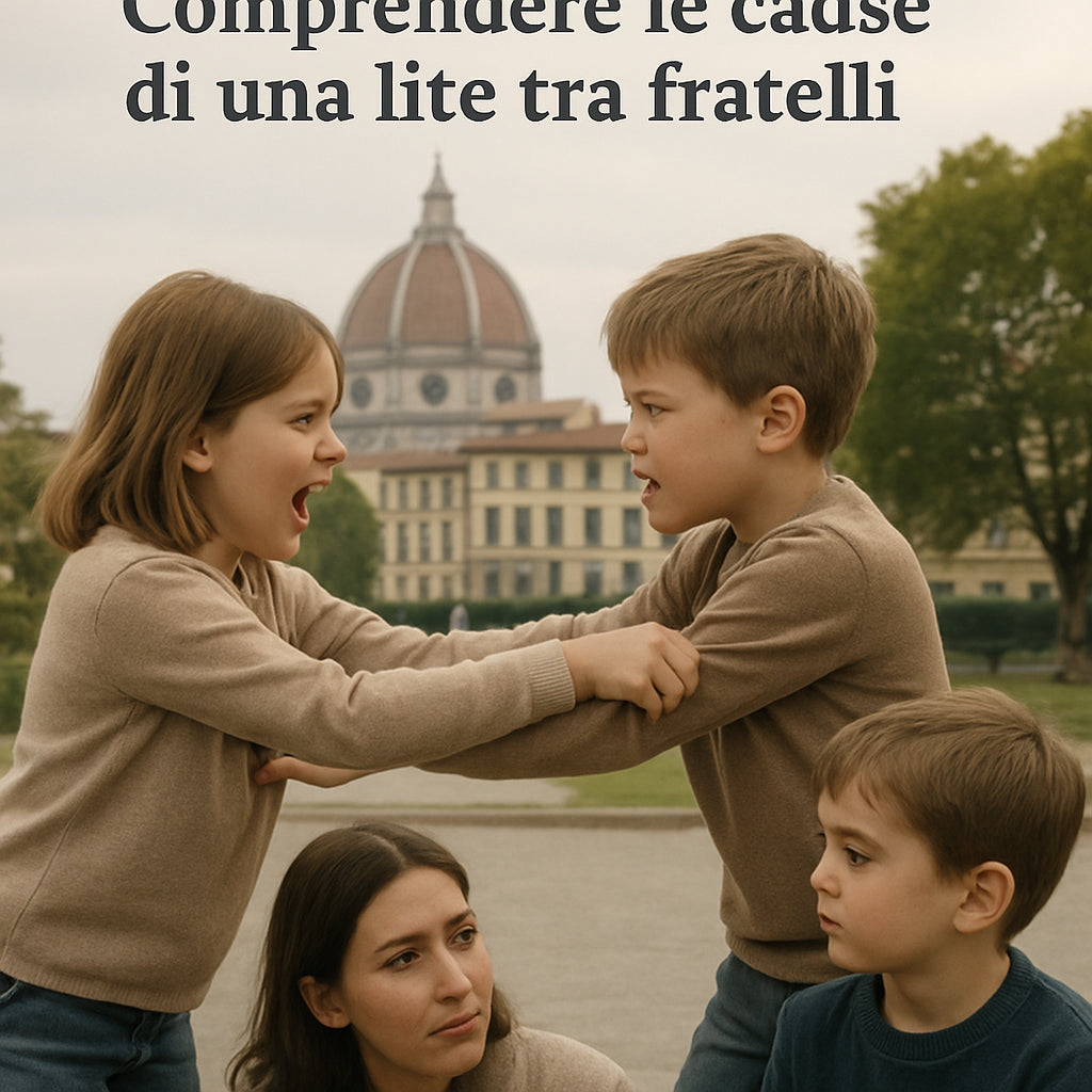 A child and a parent observing a playful conflict between siblings, with calm colors, illustrating the concept of understanding the roots of a fight. Alt: Children learning to manage sibling conflict.