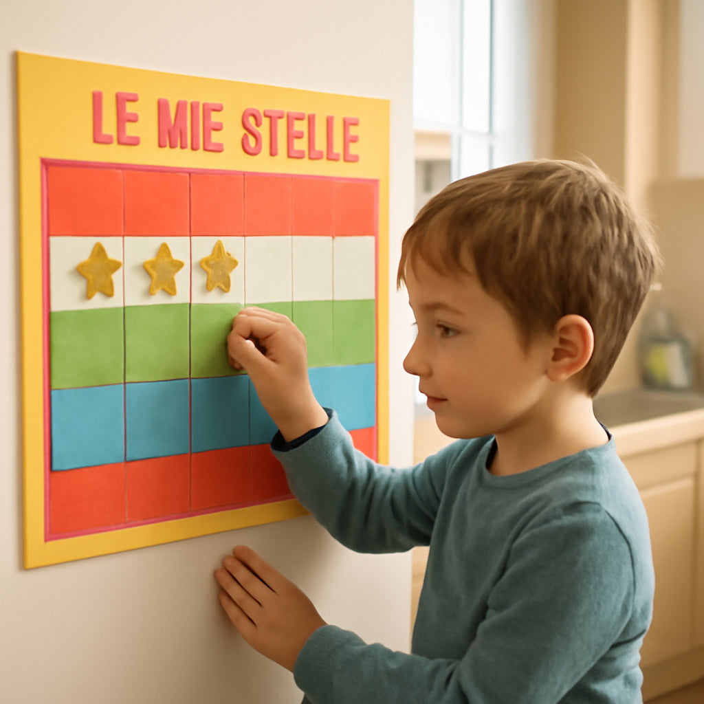 A child placing a star sticker on a brightly colored poster, with a calm kitchen background. Alt: child rewarding behavior with a star sticker