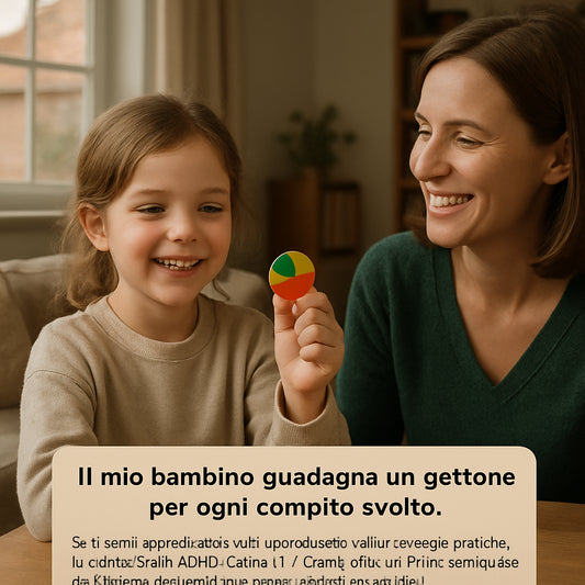 A child holding a colorful token while a parent smiles in a cozy home setting. Alt: child token economy illustration